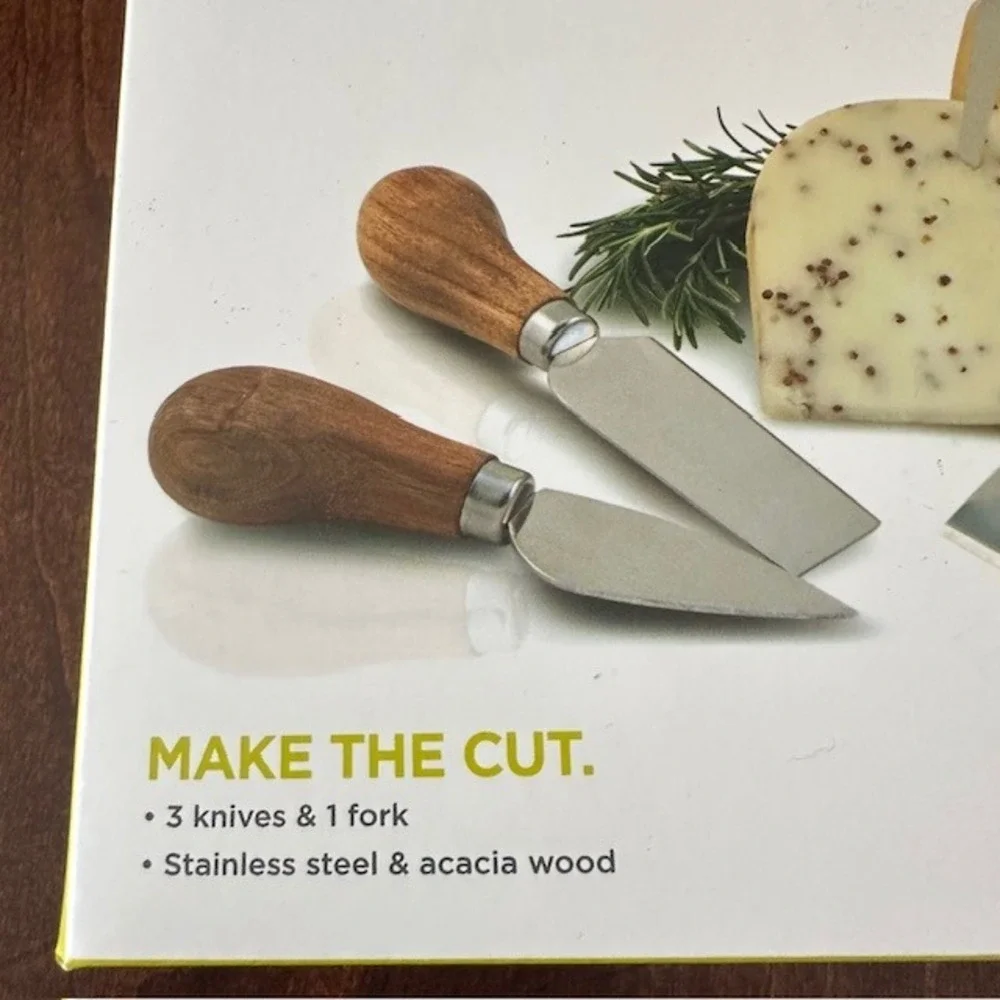 True Grove Gourmet Cheese Tool Set 3 Knives 1 Fork Stainless‎ Steel Acacia Wood